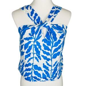 Rachel Zoe Linen Crossneck Tank Top Blue Floral Keyhole Cropped Medium Bohochic